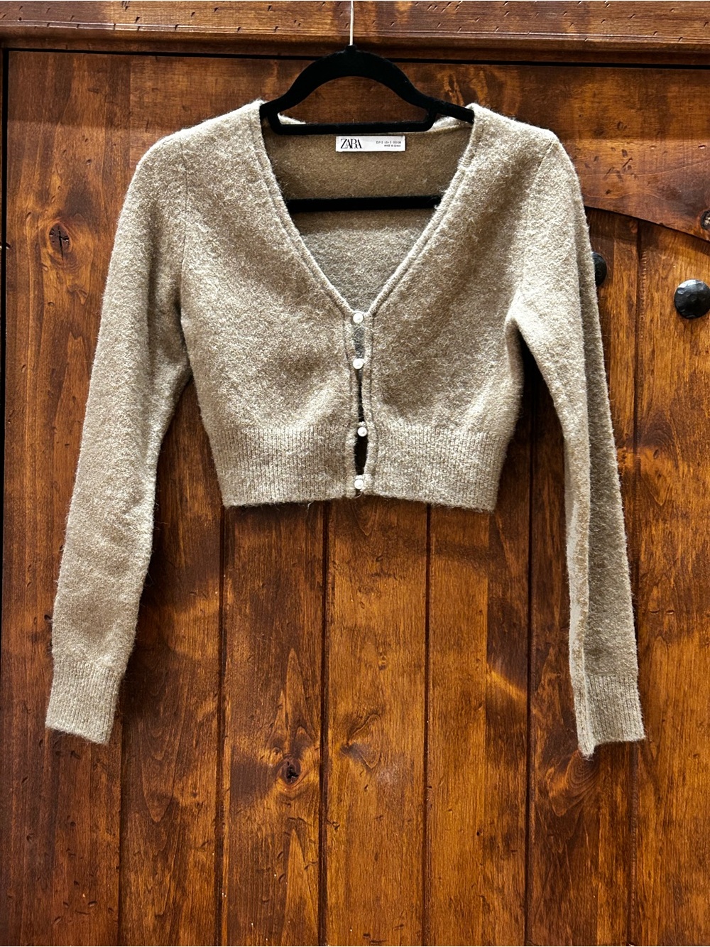 ZARA Taupe Knit Cropped Pearl Button Down Cardigan Sweater, Size Small